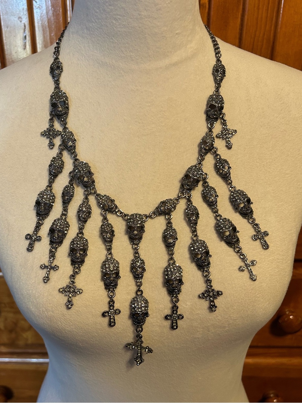 Gunmetal Skull & Cross Pendant Statement Necklace